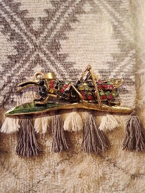 Gold-Tone Jeweled Grasshopper Brooch with Leaf